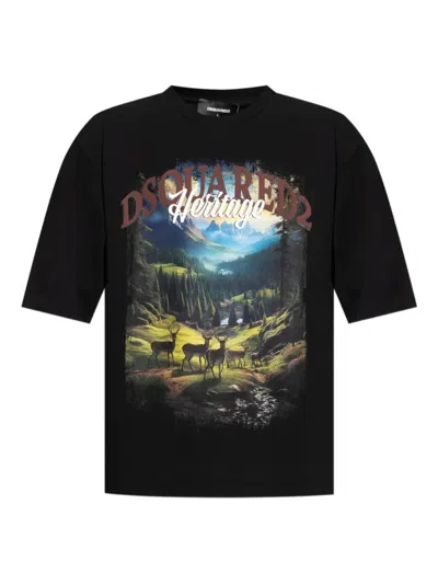 DSQUARED2 MEN BLACK CREWNECK LANDSCAPE PRINT T-SHIRT, XL LUXURY T-SHIRTS FOR MEN DARVEYS