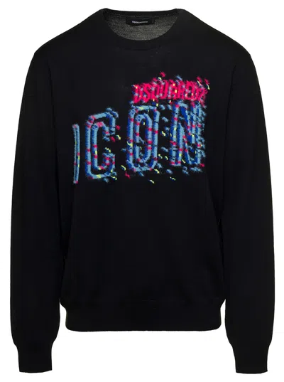 Dsquared2 Black Crewneck Sweatshirt With D-squared2 Icon Print In Cotton Man