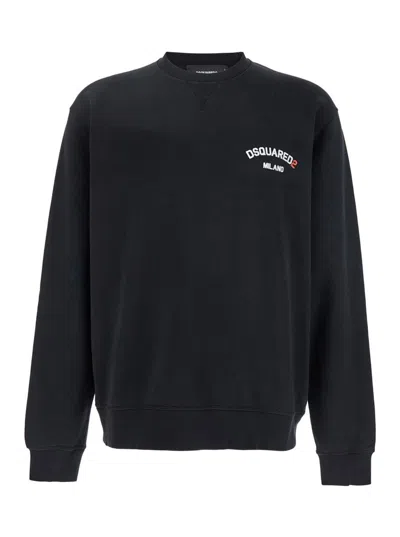DSQUARED2 BLACK CREWNECK SWEATSHIRT WITH LOGO LETTERING ON THE FRONT IN COTTON MAN