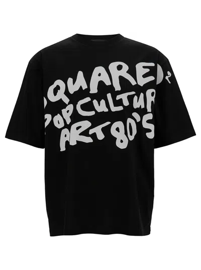 DSQUARED2 BLACK CREWNECK T-SHIRT WITH 80S CONTRASTING LOGO PRINT IN COTTON MAN