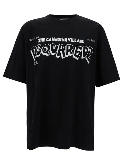 DSQUARED2 BLACK CREWNECK T-SHIRT WITH CANADIAN VILLAGE PRINT IN COTTON MAN