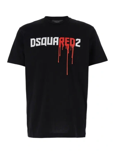 Dsquared2 Black Crewneck T-shirt With Dripping Logo Print In Cotton