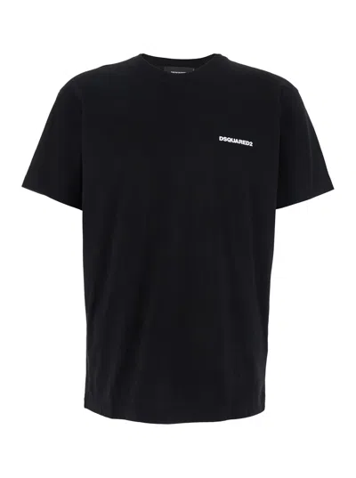 Dsquared2 Black Crewneck T-shirt With Front Logo And Graphic Print On The Back In Cotton Man