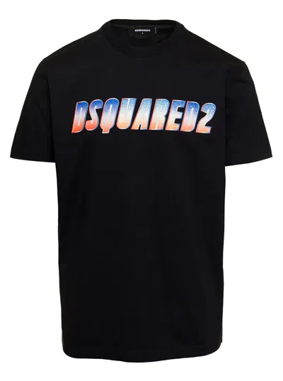 DSQUARED2 BLACK CREWNECK T-SHIRT WITH FRONT LOGO PRINT IN COTTON MAN