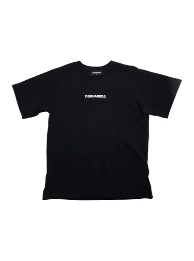 Dsquared2 Kids' Black Crewneck T-shirt With Logo Lettering On The Front In Cotton Boy