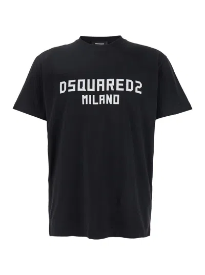 DSQUARED2 BLACK CREWNECK T-SHIRT WITH LOGO LETTERING ON THE FRONT IN COTTON MAN