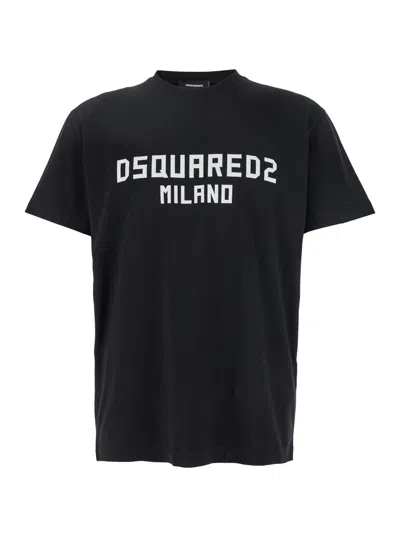 DSQUARED2 DSQUARED2 BLACK CREWNECK T-SHIRT WITH LOGO LETTERING ON THE FRONT IN COTTON MAN