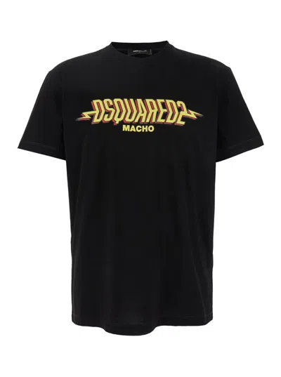 DSQUARED2 BLACK CREWNECK T-SHIRT WITH LOGO PRINT ON THE FRONT IN COTTON MAN