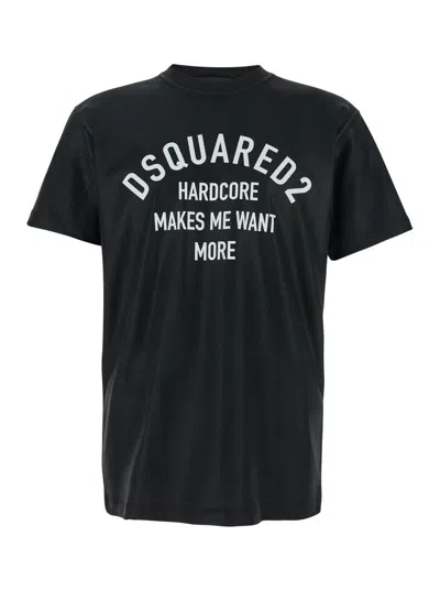 DSQUARED2 BLACK CREWNECK T-SHIRT WITH LOGO PRINTED ON THE FRONT