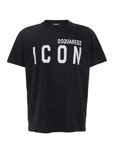 DSQUARED2 BLACK CREWNECK T-SHIRT WITH MAXI LOGO PRINT ON THE FRONT