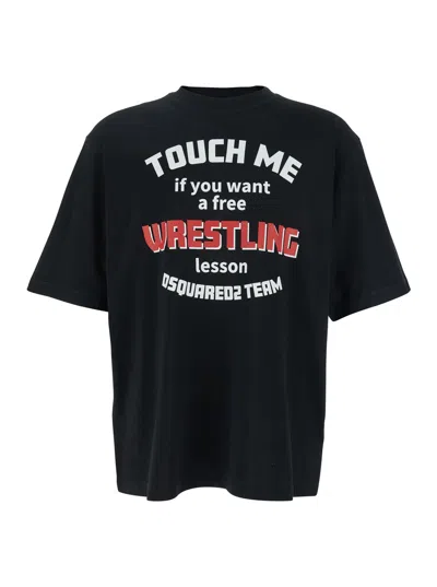 Dsquared2 Black Crewneck T-shirt With Print On The Front In Cotton Man