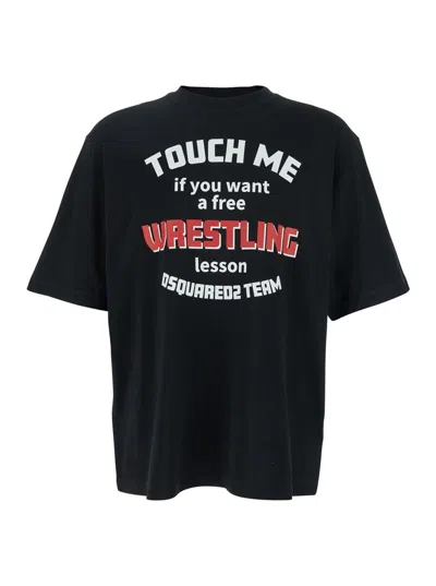 DSQUARED2 BLACK CREWNECK T-SHIRT WITH PRINT ON THE FRONT IN COTTON MAN