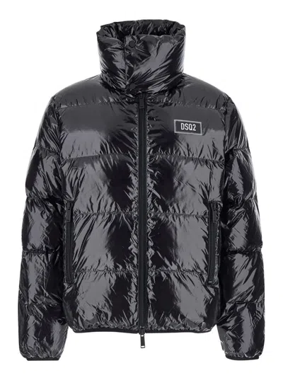 DSQUARED2 BLACK DOWN JACKET WITH LOGO PATCH ON THE FRONT