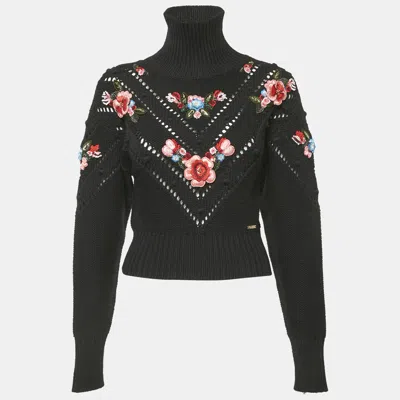 Pre-owned Dsquared2 Black Floral Applique Wool Knit Turtleneck Sweater S