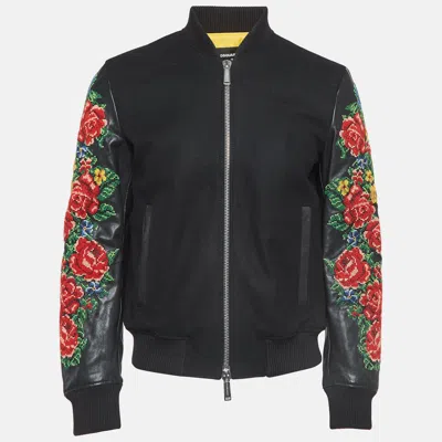 Pre-owned Dsquared2 Black Floral Embroidered Leather And Wool Bomber Jacket S