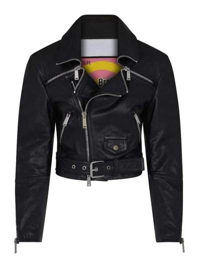 Dsquared2 Black Grained Texture Cropped Moto Jacket