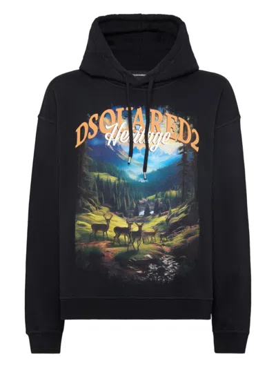 DSQUARED2 BLACK GRAPHIC PRINT HOODIE