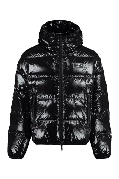 Dsquared2 Black Hooded Down Jacket With Shiny Effect And Front Zippered Pockets