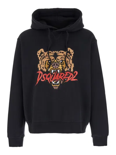 DSQUARED2 BLACK HOODIE WITH DRAWSTRING HOOD AND MAXI LOGO PRINT ON THE FRONT IN COTTON MAN