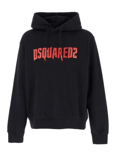 Dsquared2 Black Hoodie With Logo Print In Cotton