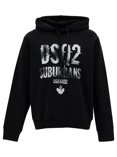 Dsquared2 Black Hoodie With Logo Print In Cotton Man In Black (black)