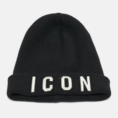 Pre-owned Dsquared2 Black Icon Embroidered Wool Rib Knit Beanie