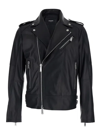 Dsquared2 Black Jacket With Three Zip Pockets On The Front In Leather Man