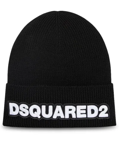 DSQUARED2 BLACK KNITTED BEANIE WITH RAISED LOGO PATCH