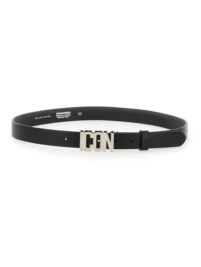 Dsquared2 Black Leather Belt In Gray