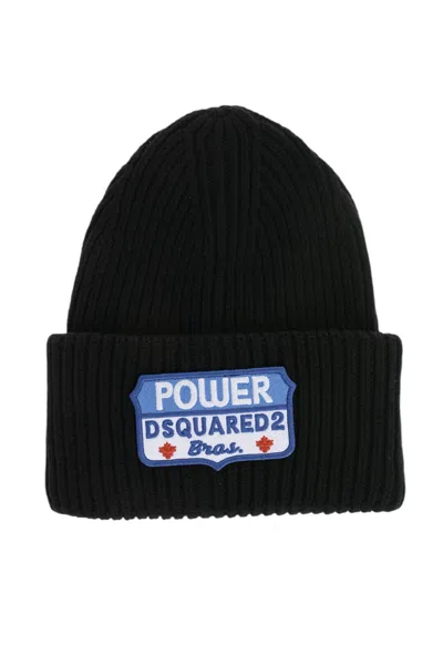 Dsquared2 Logo-patch Ribbed-knit Beanie Hat In Black