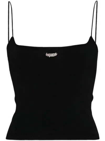 DSQUARED2 BLACK LOGO-PLAQUE KNITTED CROP TOP