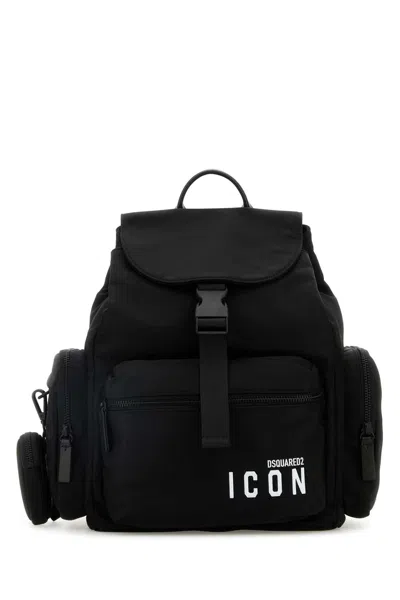 Dsquared2 Black Nylon Be Icon Backpack In Blackwhite