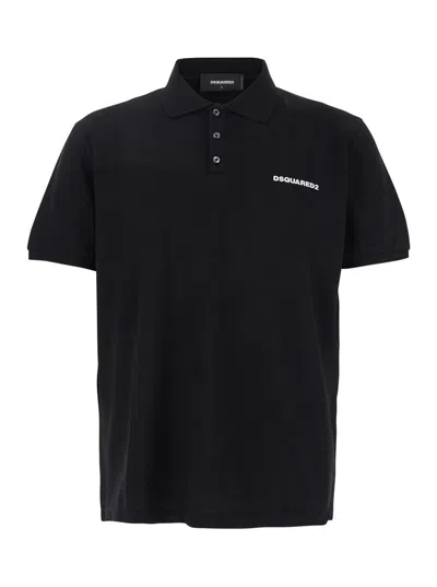 DSQUARED2 BLACK POLO SHIRT WITH CLASSIC COLLAR AND LOGO LETTERING ON THE FRONT IN COTTON WOMAN
