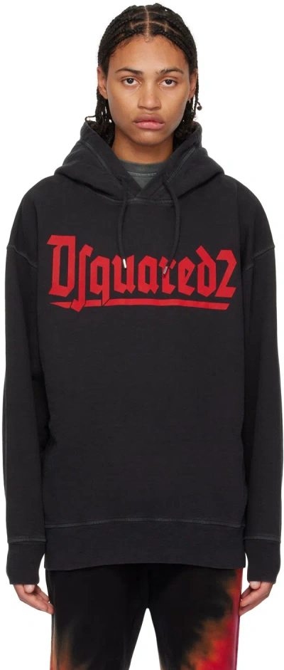 Dsquared2 Black Printed Hoodie In 814 Anthracite