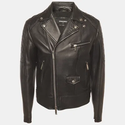 Pre-owned Dsquared2 Black Quilted Detail Leather Biker Jacket L
