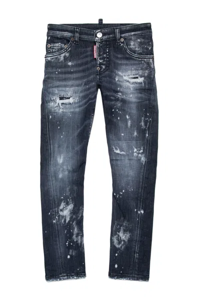 Dsquared2 Kids' Jeans Skinny Nero Effetto Destroyed In Black