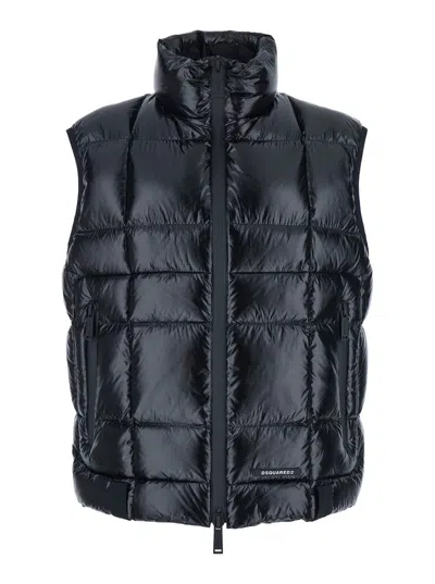 Dsquared2 Black Sleeveless Down Jacket With High Neck And Logo Patch On The Front In Tech Fabric Man
