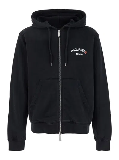 Dsquared2 Black Sweatshirt With Hood And Zip And Logo Detail On The Front