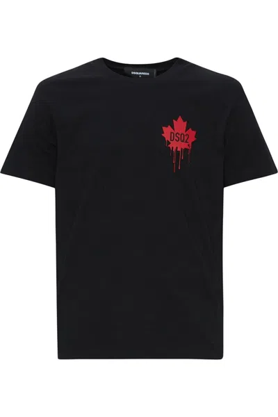 DSQUARED2 BLACK T-SHIRT FEATURING STRIKING RED MAPLE LEAF
