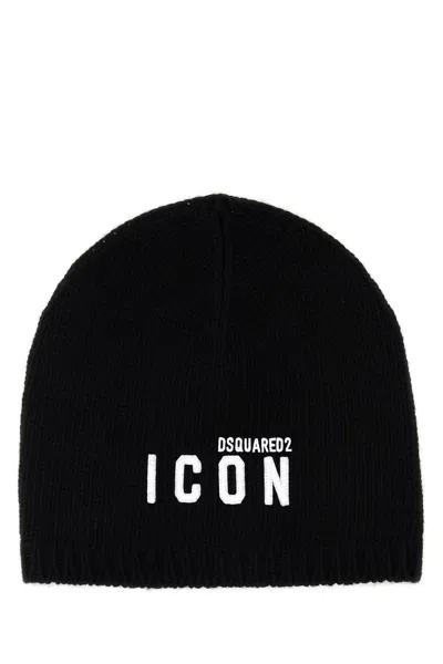 DSQUARED2 BLACK WOOL BLEND BEANIE HAT