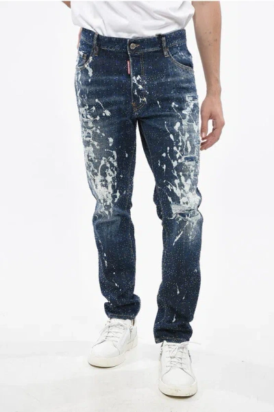 Dsquared2 Bleached Effect Skater Jeans With All-over Rhinestones 17cm In Blue