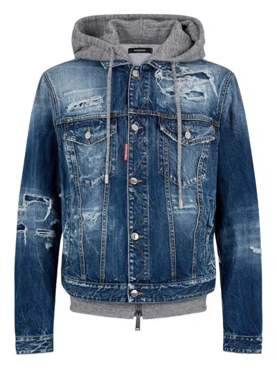 Dsquared2 Distressed Denim Jacket With Grey Hood And Ribbed Cuffs In Blue