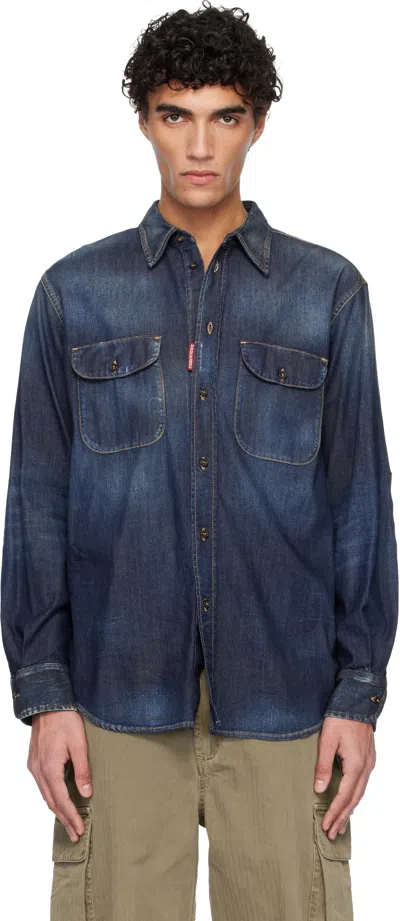 Dsquared2 Men Blue Shirt With Pointed Collar And Elbow Patches In Denim Man In Multi