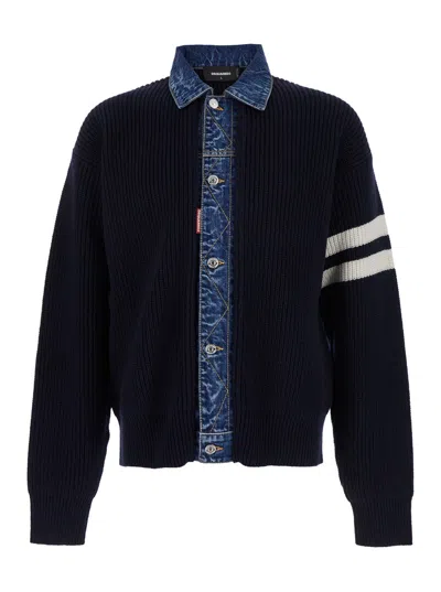 DSQUARED2 DSQUARED2 BLUE CARDIGAN WITH DENIM PANELS AND STRIPED DETAILS ON THE SLEEVE IN WOOL AND CASHMERE MAN