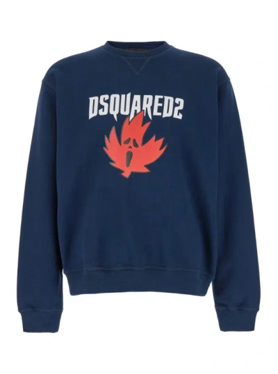 Dsquared2 Blue Crewneck Sweatshirt With Screaming Maple In Cotton Man In Navy