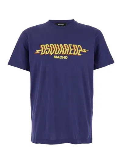 DSQUARED2 BLUE CREWNECK T-SHIRT WITH LOGO PRINT ON THE FRONT IN COTTON MAN