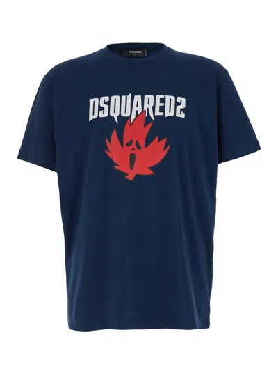 Dsquared2 Blue Crewneck T-shirt Witrh Screaming Maple In Cotton Man In Multicolor