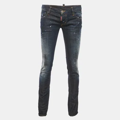 Dsquared2 Blue Dark Wash Denim Paint Splatter Distressed Slim Bottom Jeans S Waist 32