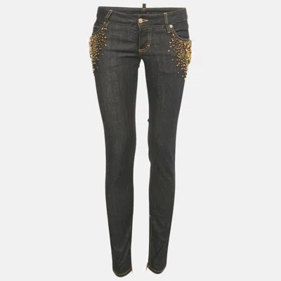 Pre-owned Dsquared2 Blue Dark Wash Embellished Denim Skinny Jeans S Waist 29"