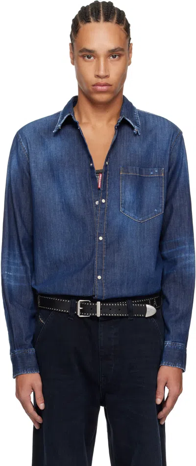 Dsquared2 Blue Dark Wash Tab Denim Shirt In Navy Blue